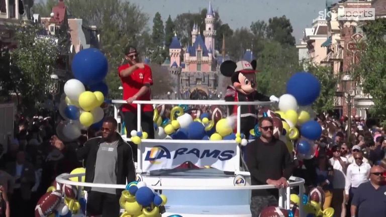Los Angeles Rams players made the traditional Super Bowl champions trip to Disneyland to celebrate their win over the Cincinnati Bengals. 
